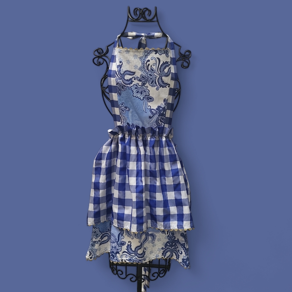 Blue Checkered Paisley Handmade Apron